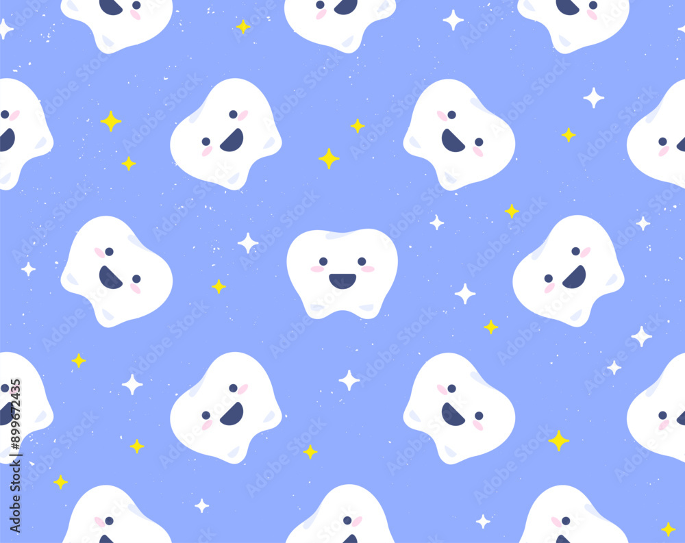 Vector seamless pattern with cute cartoon little teeth on blue ...