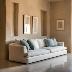 White sofa with teal pillows against beige stucco wall with two frames. Minimalist interior design of modern living room.