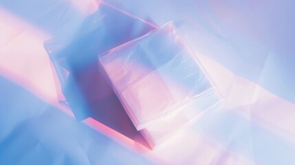 Canvas Print - Holographic surface with pink and blue lights creates a modern and futuristic backdrop for product display or gift wrapping, as a transparent box casts a shadow