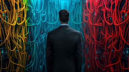 A professional standing before a colorful array of network cables in a data center, symbolizing technology and connectivity.