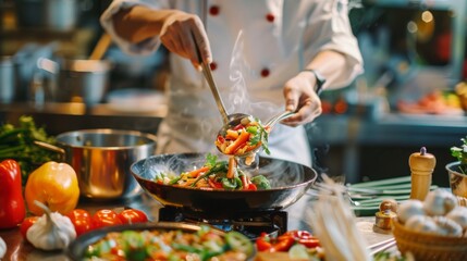 A chef preparing Tom Yum Goong in a modern kitchen with an emphasis on the bright and colorful ingredients used in the dish.