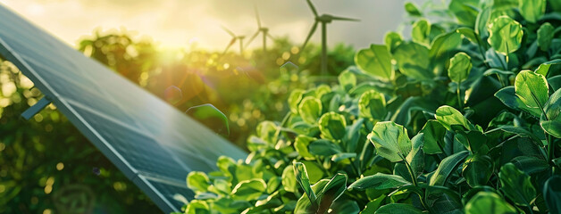 renewable energy and sustainability poster background with solar panels and wind mills, closeup of green plant leaves 