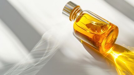 Canvas Print - Glass dropper bottle filled with yellow liquid casting harsh shadows on white surface