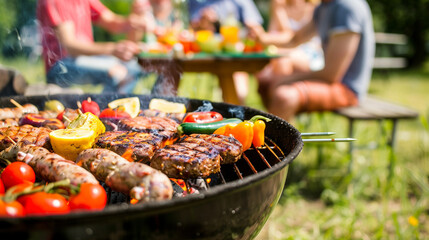 A barbecue grill loaded with various foods, such as vegetables and meats, with a group of friends in the background enjoying a party outdoors