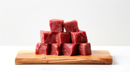 Wall Mural - Cubes of vibrant red meat are artistically arranged on a wooden board, capturing the essence of fresh ingredients ready for culinary creativity