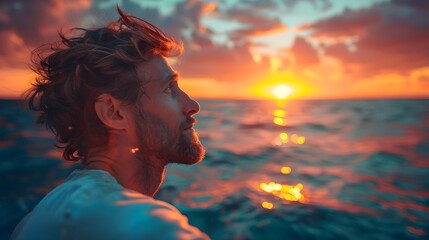 Canvas Print - Serene Man Reflecting on Sunset Seascape with Vibrant Sky and Calm Ocean