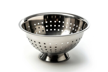 Stainless steel colander on a white background.