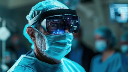 Wall Mural - A surgeon wearing augmented reality glasses during a procedure, demonstrating futuristic medical technology