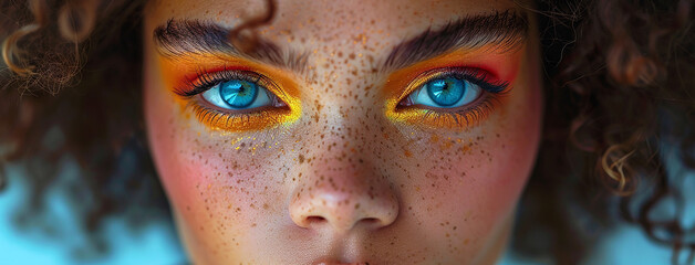 macro closeup photo of a Caucasian woman eyes with colorful shiny eyelashes 