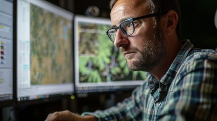 A researcher using geographic information systems (GIS) to analyze spatial data, highlighting the application of technology in geographical research