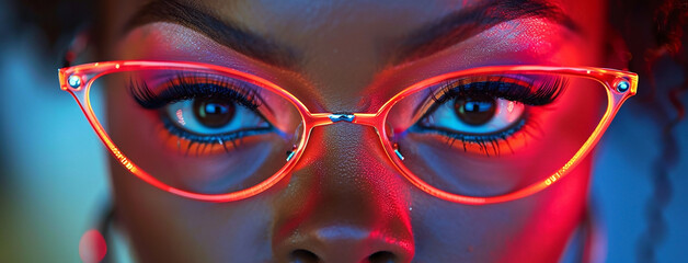 Wall Mural - macro closeup image of a woman eyes wearing vibrant neon color glasses 