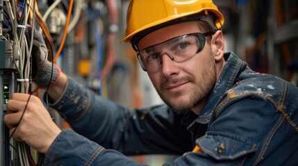 Canvas Print - An electrician installing wiring in a new building, ensuring safe and reliable electrical systems