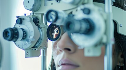 A medical professional conducting an eye exam using advanced ophthalmology equipment, showcasing vision care