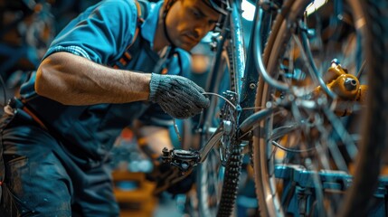 Canvas Print - A mechanic adjusting the brakes on a bicycle, emphasizing personal transport maintenance