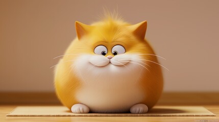 A cute fat yellow cat with white and beige fur, a happy face and cute eyes.