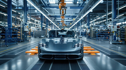 Wall Mural - A factory producing electric vehicles, highlighting innovation and sustainability in the automotive industry