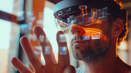 young man wearing advanced augmented reality glasses engages with a vibrant holographic interface. The scene is bathed in cool tones of blue and purple, reflecting the cutting-edge technology and di