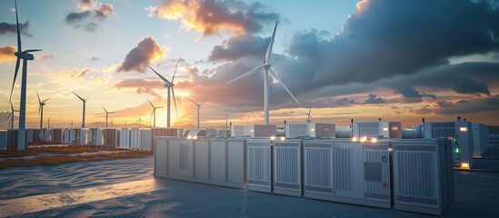  New Energy concept image.modern battery energy storage system with wind turbines and solar panel power plants in background at sunset.