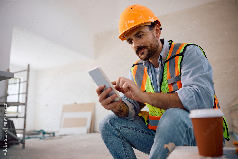 Worker Using Phone Smiling worker using smart phone at construction site. Stock Photo ...