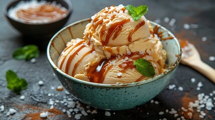 Wall Mural - Decadent Caramel Ice Cream Topped with Sea Salt and Drizzle