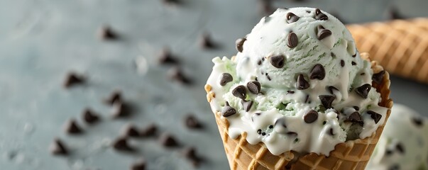 Wall Mural - Refreshing Mint Chocolate Chip Ice Cream Scoop in Waffle Cone with Chocolate Chips Delicious Summer Treat