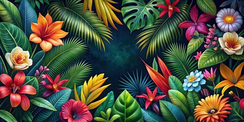 Vibrant tropical floral pattern with lush greenery and colorful exotic flowers on dark background, tropical, vibrant, floral