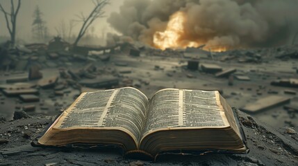 Open Bible in perfect condition amidst a burning scene.