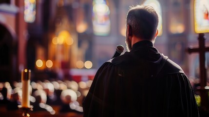 A solemn moment of a clergyman delivering a sermon during a service. A respectful image that highlights the preacher, the congregation, the worshipers and the church setting