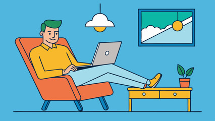 Wall Mural - relaxing man lying back on chair with laptop vector art illustration