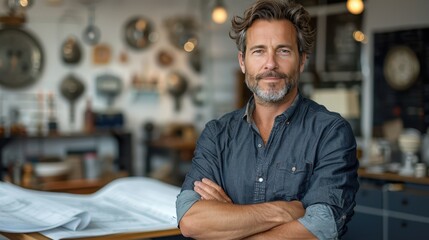 Confident Male Architect Reviewing Building Blueprint with Arms Crossed