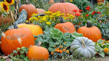 a close-up of a pumpkin patch with various sizes and shapes of pumpkins and gourds