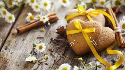 Wall Mural - Heart-Shaped Gingerbread Cookies with Yellow Ribbon on Wooden Background