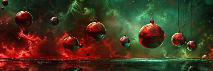 Wall Mural - Enchanting red and green abstract Christmas landscape with floating holiday ornaments