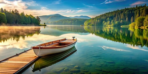  Boat docked on tranquil lake dock , boat, water, dock, lake, serene, peaceful, reflection, transportation, relaxation, vacation