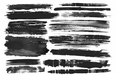 Canvas Print - Marker pen or brushstrokes and dashes. Ink smudge abstract shape stains and smear set with texture. Black paint brush spots, highlighter lines, or felt-tip pen marker horizontal blobs.