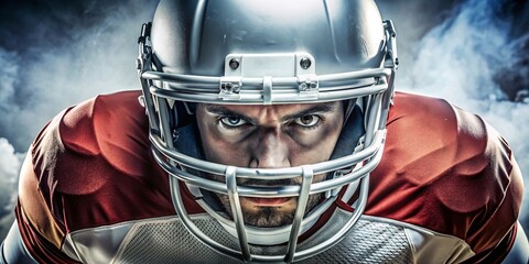 Intense Focus of a Football Player. A close-up shot of a determined football player wearing a helmet, showcasing intense focus and readiness for the game.