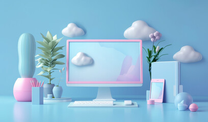 Wall Mural - A computer monitor sits on a desk with a blue background