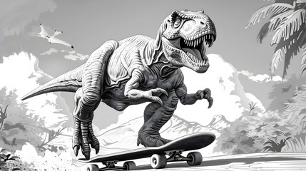 Wall Mural - skater t-rex dinosaur cartoon, Coloring sheet 