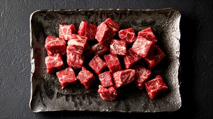 Wall Mural - Freshly cut marbled beef pieces are artfully arranged on a rustic black plate, showcasing their rich color and texture