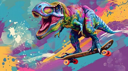 Wall Mural - skater t-rex dinosaur cartoon, Coloring sheet 