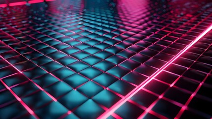 Wall Mural - Neon grid landscape with vibrant pink and blue lights, evoking a futuristic cyberpunk vibe.