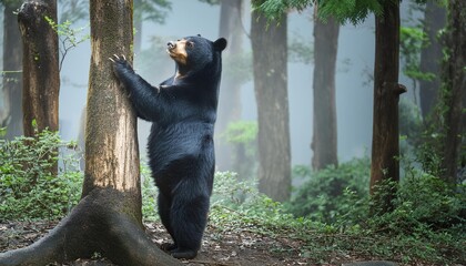 a black bear leaning against a tree in the forest