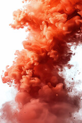 Wall Mural - Vivid red and orange smoke swirling in water, creating a mesmerizing abstract pattern with fluid, wispy textures against a white background.