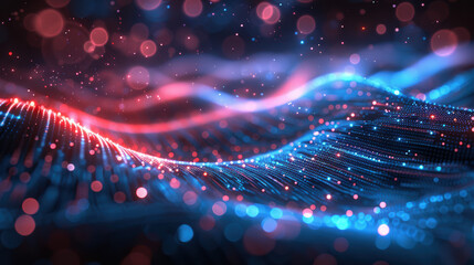 Wall Mural - abstract digital wave of glowing particles in vibrant colors of red and blue, showcasing futuristic 