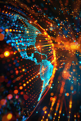Wall Mural - vibrant glowing digital world map composed of colorful dots and lines, showcasing global connectivit