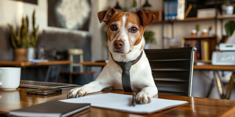 Wall Mural - A dog is sitting at a desk with a pen and paper in front of it. The dog is wearing a tie and he is pretending to write. The scene is playful and lighthearted