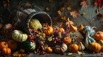 Autumn Cornucopia Overflowing with Seasonal Delights in Rustic Trough