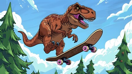 Wall Mural - skater t-rex dinosaur cartoon, Coloring sheet 