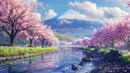 Wall Mural - A peaceful stream lined with cherry trees in bloom, with the majestic Mount Fuji rising in the distance.