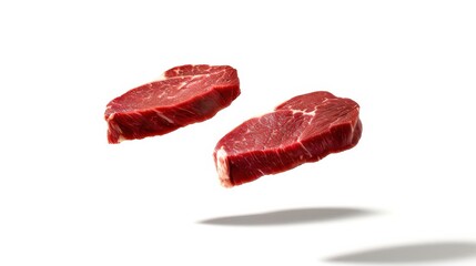 Sticker - Two vibrant cuts of raw meat hover elegantly, showcasing their rich color and texture in a minimalistic setting